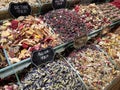 displays with different kinds of tea in a typical turkish store in the Grand Bazaar in Istanbul, herbalist, herbal tea store, Royalty Free Stock Photo