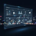 Displays multiple data panels against a blurred cityscape at Royalty Free Stock Photo
