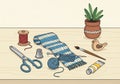 Displays various crafting items, including a pair of blue-handled Royalty Free Stock Photo