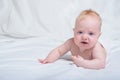 Displeased baby on his tummy. White background Royalty Free Stock Photo