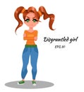Displeased girl. Angry girl in jeans and an orange T-shirt. Cartoon style