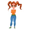 Displeased girl. Angry girl in jeans and an orange T-shirt. Cartoon style.