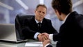 Displeased hirer shaking hand to candidate, bad job interview result concept Royalty Free Stock Photo