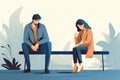 Displeased woman crying and sad man looking down sitting on a bench in park after couple conflict