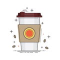 Disposable coffee cup icon with coffee beans, conceptual vector illustration in flat line design. Paper coffee cup Royalty Free Stock Photo