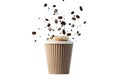 Coffee cup with exploding beans white background Royalty Free Stock Photo