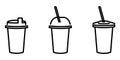 Disposable coffee, tea cup in three variants. With straw, flat lid, dome lid. Pictogram design. Line art. Plastic trash. For icon
