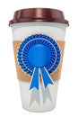 Disposable cup of coffee or tea with blue winning award, badge.