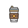 Disposable cup with hot drink, coffee takeaway flat color line icon. Royalty Free Stock Photo