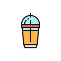 Disposable cup with milkshake, takeaway flat color line icon.