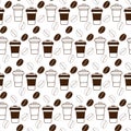 Disposable cups with lid and coffee beans Seamless pattern in trendy monochrome brown Coffee Day Royalty Free Stock Photo