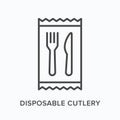 Disposable cutlery flat line icon. Vector outline illustration of fork and knife. Black thin linear pictogram for