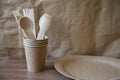 Disposable eco dishes from paper cardboard spoon fork knife Royalty Free Stock Photo