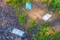 Disposable face masks on the ground. Used Surgical masks haphazardly strewn on pavement.Improperly discarding used face mask