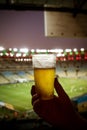 Disposable glass with beer. Soccer stadium on the background Royalty Free Stock Photo