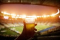 Disposable glass with beer. Soccer stadium on the background Royalty Free Stock Photo