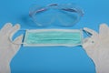 Disposable Hygienic Mask to cover the mouth and nose, transparent plastic laboratory glasses, glove latex hand examination,