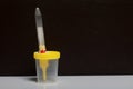 Disposable medical polymeric sterile container with a built-in holder for a vacuum test tube with a screw cap. Container for urine