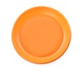 Disposable orange plastic plate isolated on white, top view