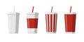 Disposable paper beverage cup template set for soda with drinking straw. Blank white big red striped cardboard soft