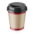 Disposable paper coffee cup with lid and sleeve.
