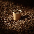 A disposable paper coffee cup is surrounded by a large amount of roasted coffee beans, with some beans piled on top of the cup Royalty Free Stock Photo