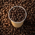 A disposable paper coffee cup is surrounded by a large amount of roasted coffee beans, with some beans piled on top of the cup Royalty Free Stock Photo