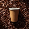 A disposable paper coffee cup is surrounded by a large amount of roasted coffee beans, with some beans piled on top of the cup Royalty Free Stock Photo