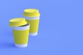 Disposable paper coffee cups with lid and sleeve. Copy space