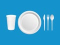 Disposable plastic dishes. Glass, knife, fork, spoon on a blue background. Vector illustration. Royalty Free Stock Photo