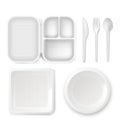 Disposable plastic dishware vector illustration of 3D realistic lunchbox plate and cutlery spoon, knife or fork isolated