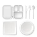Disposable plastic dishware vector illustration of 3D realistic lunchbox plate and cutlery spoon, knife or fork isolated icons