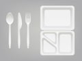 Disposable plastic lunchbox and cutlery illustration of plate, spoon, knife or fork isolated 3D realistic isolated icons