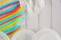 Disposable plastic plates,forks and straws. Top view, copy space. Plastic free concept. Single-use plastic, evironmental Royalty Free Stock Photo