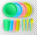 Disposable plastic tableware. Multi-colored glass cup, knife, fork and spoon. Vector illustration. Royalty Free Stock Photo