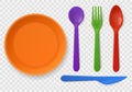 Disposable plastic tableware. Realistic colorful kids cutlery. Spoon, fork and knife, picnic kitchenware. Isolated
