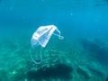 Disposable protection mask under the sea, residues of the covid-19 pandemic Royalty Free Stock Photo