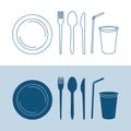 disposable serving kitchen utensil, plastic cutlery, plate, spoon, fork, knife, cup and straw, picnic tableware vector Royalty Free Stock Photo