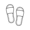 Disposable slippers, linear icon. Pair of unisex hotel shoes. Black simple illustration of accessory for travel, spa guests.