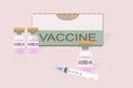 Disposable syringe, vaccine packaging and three vials with pink vaccine and the inscription Covid-19 on a pink background
