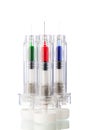 Disposable syringes with multicolored vaccines