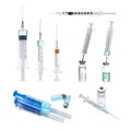 Disposable syringes with needles and vials on white background, collage Royalty Free Stock Photo