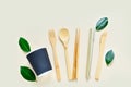 Disposable tableware made of environmental materials. Paper, bamboo glasses, cocktail tubes. Wooden forks and knives. Plastic free Royalty Free Stock Photo