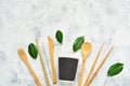 Disposable tableware made of environmental materials. Paper, bamboo glasses, cocktail tubes. Wooden forks and knives. Plastic free Royalty Free Stock Photo