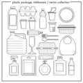 Disposable tableware and plastic packaging isolated outline icons Royalty Free Stock Photo