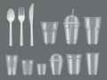 Disposable utensils. Plastic tableware knives forks spoons glasses cups vector realistic template Royalty Free Stock Photo
