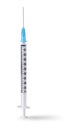 Disposable vaccine syringe standing on white background