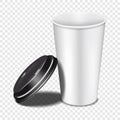 Disposable white blank paper takeaway coffee cup with open black plastic lid on transparent background. Realistic vector mock-up Royalty Free Stock Photo