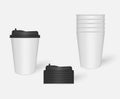 Disposable white paper coffee cups with black plastic lids mock-up