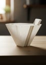 A disposable, white paper coffee filter sits on a wooden surface. Its conical shape is Royalty Free Stock Photo